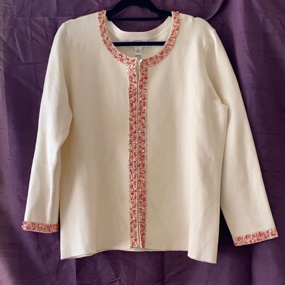 Talbots Ivory Cotton-Blend Knit Sweater Jacket w/ Red And Tan Embellishments